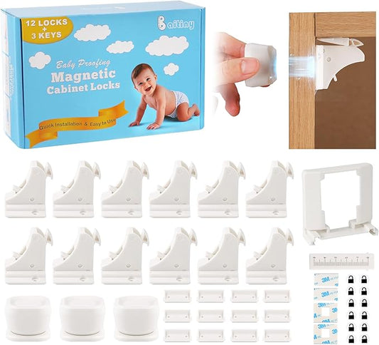 12 Pack Magnetic Cabinet Locks Baby Proofing - Baitiny Child Proof Cupboard Drawers Latches - Adhesive Easy Installation