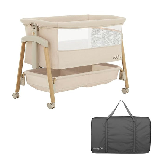 Evolur Lullaby Portable Bassinet with Wheels | Adjustable Bedside Sleeper, Breathable Mesh Sides, Large Storage Basket, Easy Fold, and Travel Bag Included | Perfect for Newborns & Infants