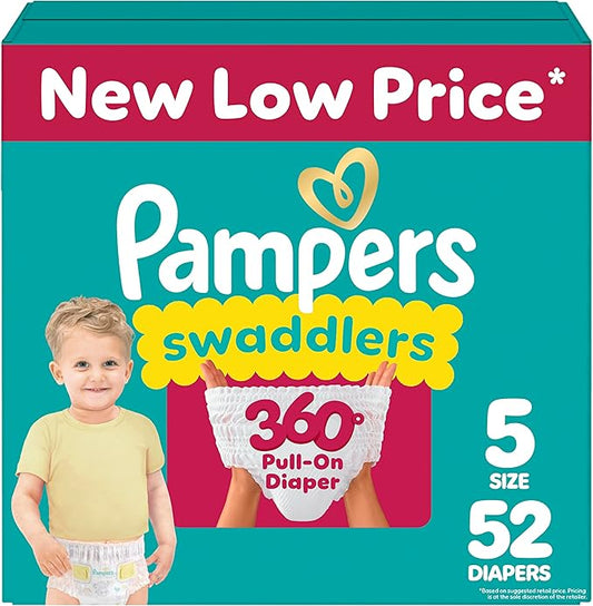 Pampers Diapers - Swaddlers 360° - Size 5, 52 Count, up to 100% Leakproof Comfy Dry Fit, Designed for Easy Changes, Pull On Baby Diaper (Packaging May Vary)