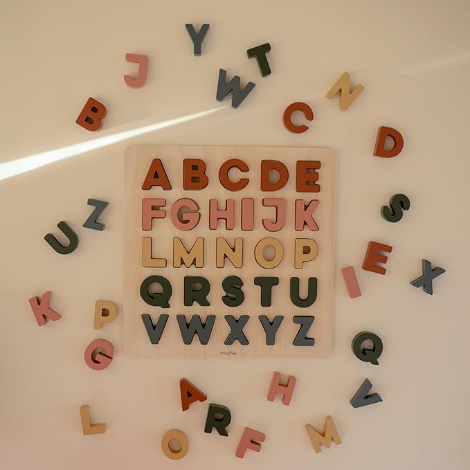 mushie Wooden Alphabet Puzzle | for Kids 3 Years+ | Preschool Educational & Toddler Montessori Toys (26 pcs)