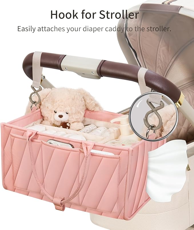 Diaper Caddy Organizer for Baby Essentials – Soft Blush Pink Storage Basket with Compartments, Shoulder Strap & Stroller Hooks – All-in-One Multifunctional Diaper Storage Tote for Nursery & Car