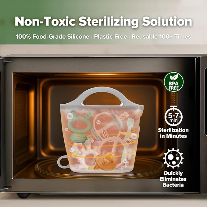 Haakaa Silicone Travel Microwave Steamer & Steriliser Bag, 30oz/900ml Reusable Silicone Steaming Bags for Baby Small Items, Pacifiers, Teethers or Baby Cups, Great for Home and On-The-Go, Grey/1PC