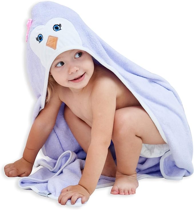 HIPHOP PANDA Hooded Towel - Rayon Made from Bamboo, Bath Towel with Bear Ears for Newborn, Babie, Toddler, Infant - Absorbent Large Baby Towel - Purple Penguin, 30 x 30 Inch
