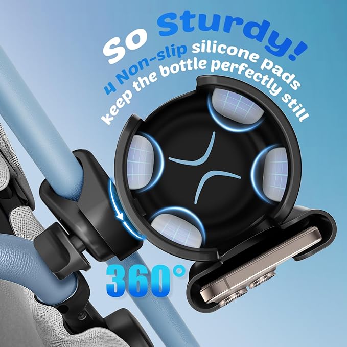 Guiseapue 2 Packs Cup Holder for Walker: Stroller Cup Holder Attachment with Phone Holder, Wheelchair/Stroller Accessories for Uppababy, Nuna, Doona, Bike, Scooter, Baby Travel Essential