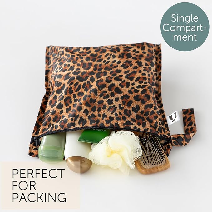 Roamio Waterproof Wet Bag for Baby, Travel, Swim Suit, Cloth Diaper, Pump Parts, Pool, Gym Clothes, Beach, Toiletry, Hook to Stroller, Daycare, Zipper Reusable Bag, Wetdry Packing Pouch, Leopard Print