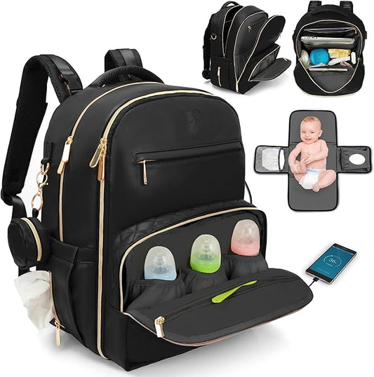 Award-Winning 3-SET Premium Leather Diaper Bag Backpack – Stylish, Durable, Waterproof Vegan Leather with PEVA Changing Pad & Baby Headrest, Travel-Friendly, Organized for Busy Parents
