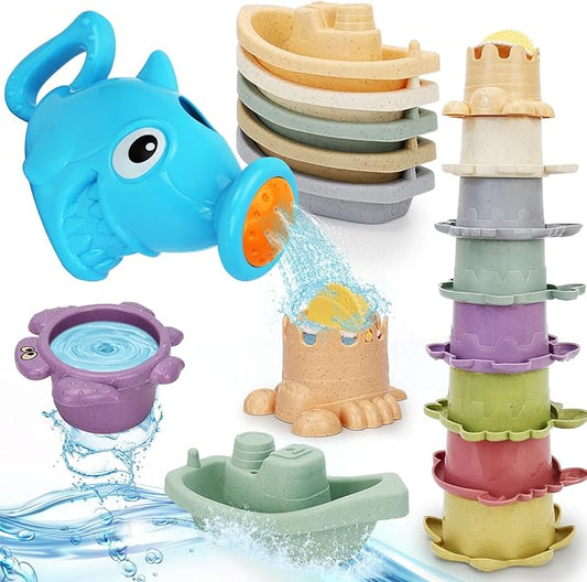 Baby Bath Toys for Toddlers 1-3, 14 Pcs Bathtub Toys for for Kids Age 2-4,Mold Free Bath Boat with Stacking Cup & Watering Can , Water Table Toys for Infants Boys Girls Babies 6-12-18 Months