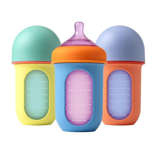 Boon Nursh Reusable Silicone Pouch Baby Bottles - Medium Flow Nipple - Silicone Baby Bottle Pouch and Nipple - Baby Feeding Essentials - Color Block - 3-6 Months - 3 Count - 8 Ounce