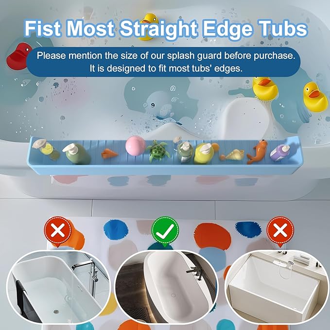 Longer Splash Guard for Bathtub Kids, Silicone Water Splash Guard, Toy Tray Caddy Holder for Tub, Bathtub Splash Guard Prevent Water Spills in Bathroom (2.6FT, Blue)