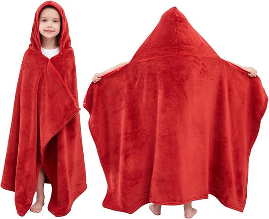 Hiturbo Kids Fleece Hooded Bath Towel: Soft Plush Pool Beach Towel Blanket - 50"x30" Toddler Towels Wrap for Boys Girls 3-12 Years (Red)