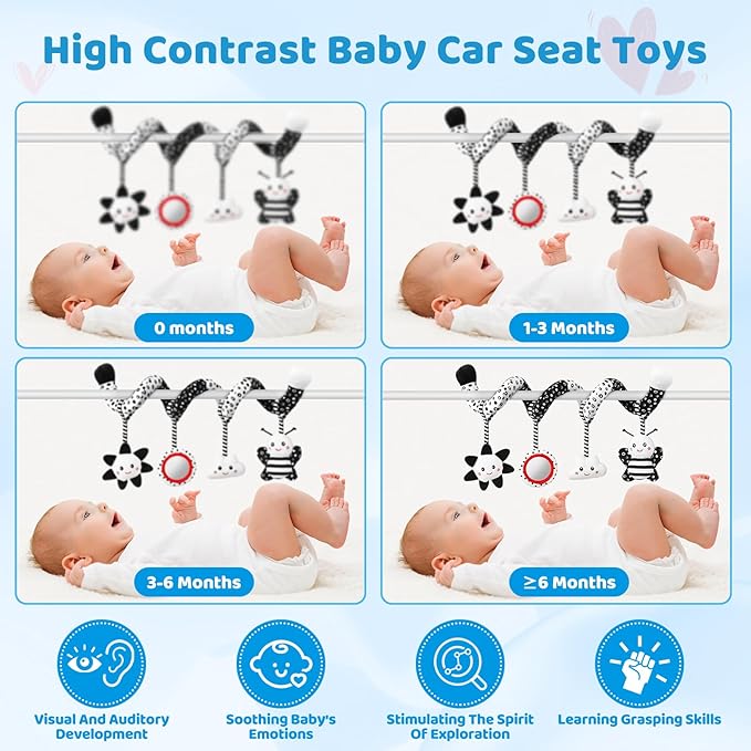 Car Seat Toys Hanging and Stroller Toys for Babies 0-6 Months,High Contrast Baby Toys for Newborn 0 3 Months Brain Development,Black and White Baby Toys for Crib Mobile,Infant Ideal Gift