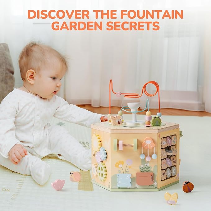 ROBUD 13-in-1 Wooden Activity Cube, Montessori Toys for 1+ Year Old Boys & Girls, Multipurpose Educational Sensory Toy for Toddlers, Educational Learning Toys, Fountain Garden Theme