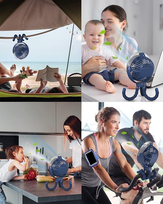 Misting Stroller Portable Fan, 6000mAh Battery Operated Fan with 3-Speed, 360° Rotation, LED Light, Flexible Tripod for Baby, Dark Blue
