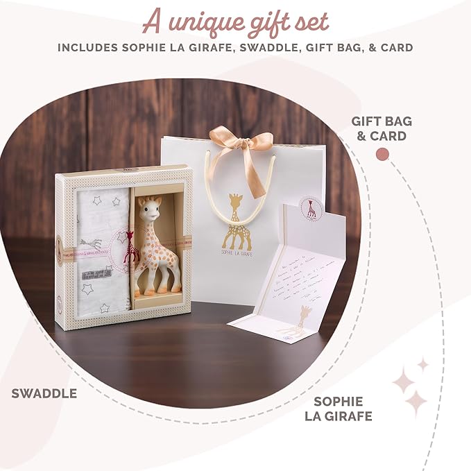 Sophie la girafe Tenderness Creation Birth Set #2 | Handcrafted for 60 Years in France | Gift Set Includes Gift Bag, Card, Sophie la girafe & 100% Cotton Swaddle