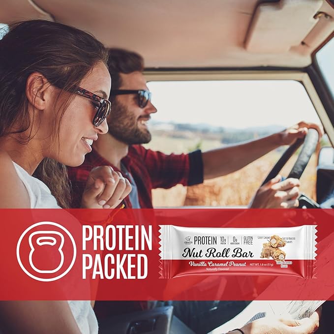 Genius Gourmet Nut Roll Bars Vanilla Caramel Peanut – 10g Protien, Zero Added Sugar, Gluten Free, Non-GMO – Sweet Snack & Dessert for Adults and Kids – 10 Ct Box