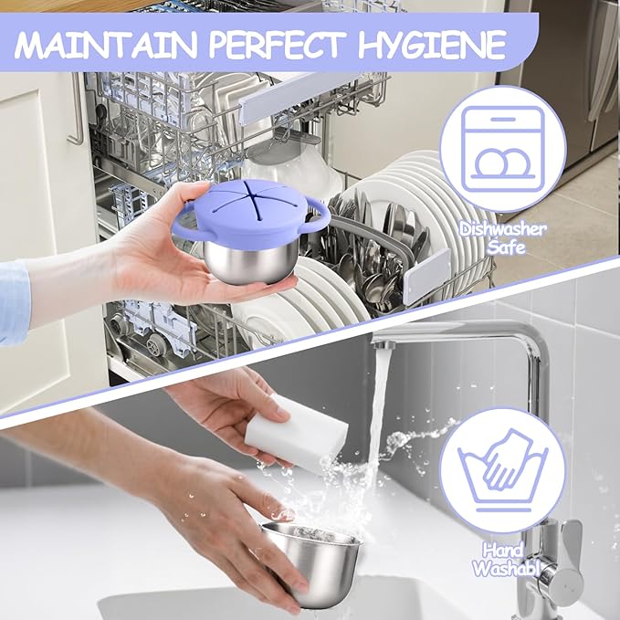 2-Pack Stainless Steel Snack Containers for Kids with Spill-Proof Silicone Lids & Handles - 3-in-1 Baby Snack Cups, No-Spill Toddler Snack Box, Perfect for On-the-Go Healthy Eating(Blue+Purple)