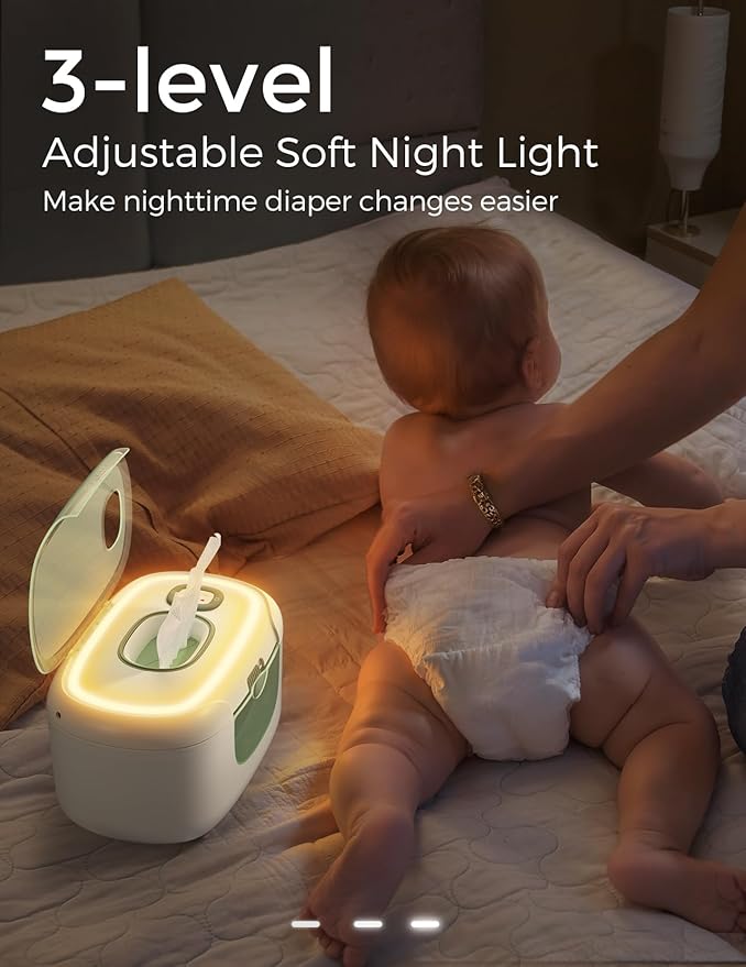 Momcozy New Baby Wipe Warmer, 100pcs Larger Capacity Wipe Dispenser, 10-Min Fast Heating with 4 Temperature Modes, Innovative Spring Design, Silicone & Top Seals,Quick Even Heating, 3-Level Nightlight