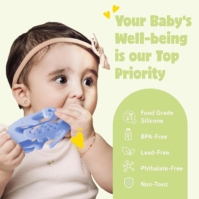 Dinosaur Teething Toys: Lightweight Soft Silicone Sensory Toys - Textured for Babies 0-18 Months - Easy to Clean, BPA-Free - Blueberry Blue