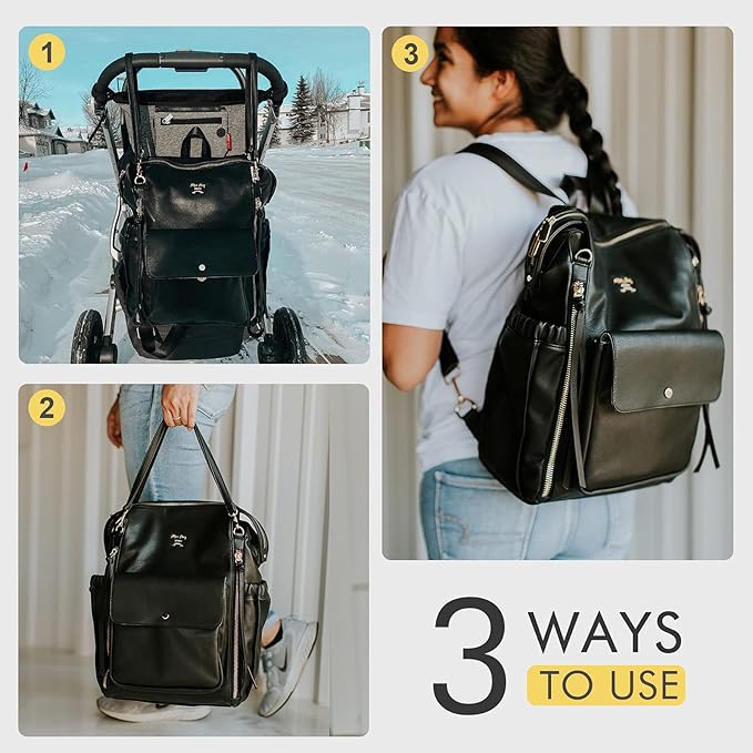 Miss Fong Leather Diaper Backpack - Baby Diaper Bag with 13 Pockets, Changing Pad, Stroller Straps, 4 Insulated Pockets (Black)