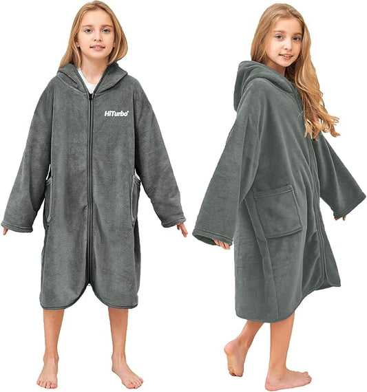 Hiturbo Kids Bath Towel Hoodie: Soft Plush Zipper Surf Poncho - Warm Fleece Changing Towels Swimming Outerwear (Gray)