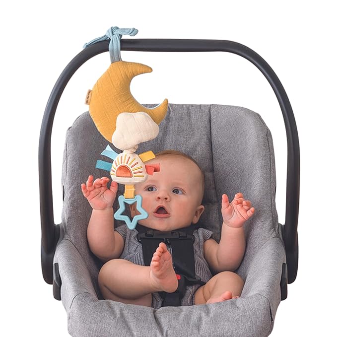 Itzy Ritzy – Musical Pull-Down Toy - Bitzy Notes Baby Musical Toy Attaches to Car Seat, Play Gym, or Stroller & Plays a Soothing Melody, for Ages 0 Months and Up (Moon)