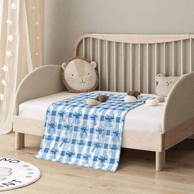 Baby Blanket Blue Bows Check for Boy Girl Newborn 30x40 Inch Toddler Infant Nursery Throw Blankets Double Layer Comfy Soft Plush Stroller Crib Quilt