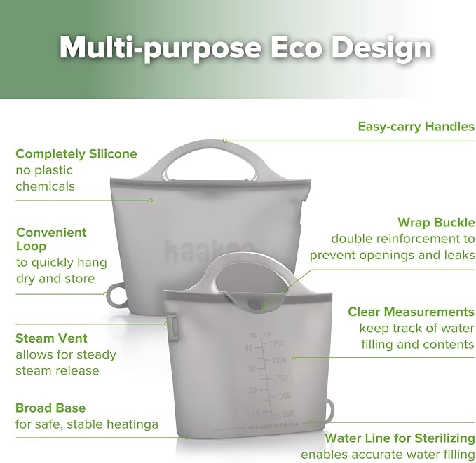 Haakaa On-The-Go Silicone Microwave Steam Sterilizer Bags for Travel, 40oz/1250ml Reusable Silicone Steaming Bags for Baby Bottles, Breast Pump, Accessories, Pacifiers, Teethers,Grey/1PC