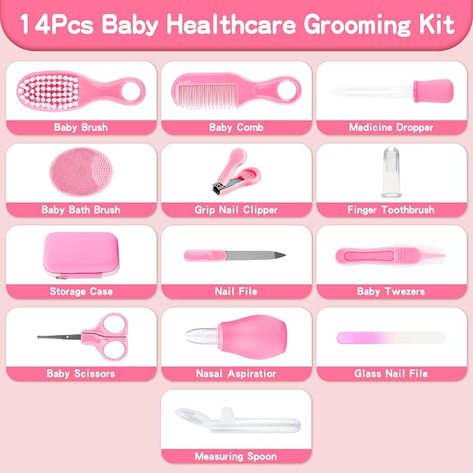 Baby Healthcare and Grooming Kit, 14 in 1 Baby Safety Set Newborn Nursery Health Care Set with Hair Brush Scale Nail Clippers for Baby Girls Boys (14 Kits Pink)