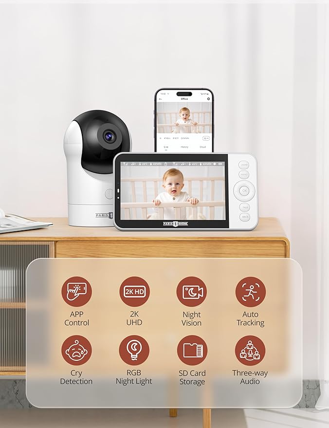 PARIS RHÔNE Video Baby Monitor, 2K UHD WiFi Camera, Night Vision, 5” Smart Baby Monitor with App Control, Motion and Cry Detection, AI Tracking, Three-Way Audio, RGB Night Light, Lullabies
