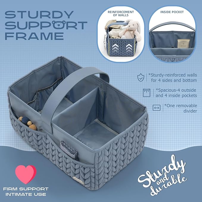 Luxurious Baby Diaper Caddy, Nursery Storage Basket for Newborn Essentials, Travel Baby Basket for Diapers Baby Wipes, Organizer Tote Bag Storage Bin, Baby Shower Gifts(ash blue)