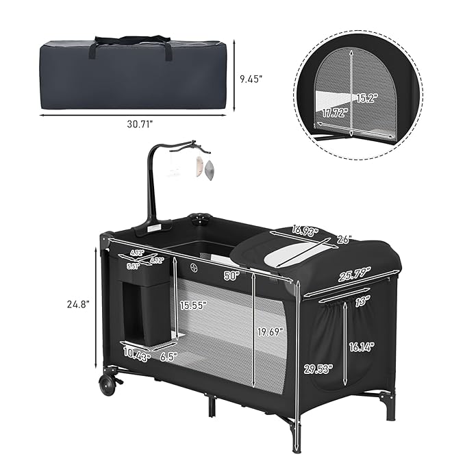 Large Pack and Play, Baby Bed Portable Crib with Diaper Changing Table Mattress Hanging Toys & Decor, Travel Bassinet Bedside Sleeper Playard from Newborn to Toddlers