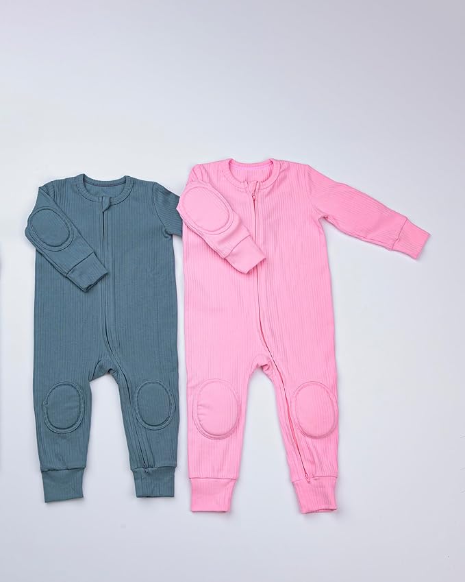 Premium Baby Romper Onesie - 100% Cotton, Double Zipper, Knee & Elbow Pads Extra Safety with Peace of Mind