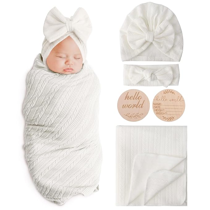 Newborn Receiving Blanket with Bow Hat Headband Wooden Card Set Wheat-Pattern Newborns Toddler Baby Boy Girl Nursery Swaddle Wrap