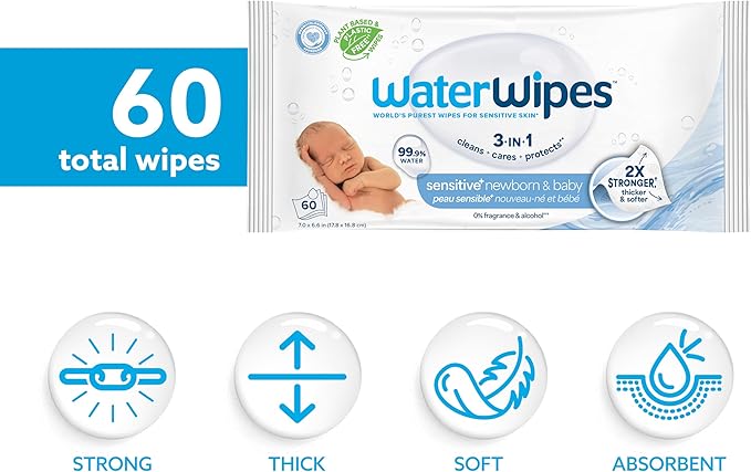 WaterWipes Sensitive+ Newborn & Baby Wipes, 3-In-1 Cleans, Cares, Protects, 99.9% Water, Unscented & Hypoallergenic, 60 Count