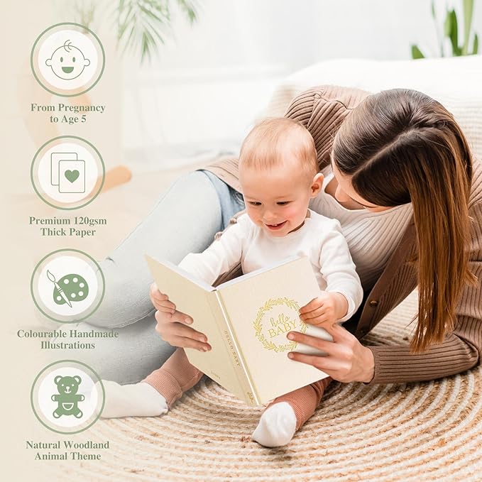 Lanpn Hello Baby Memory Book for Boy Girl - Linen Cover Baby Book Memories Keepsake for New Parents - Newborn Baby First 5 Year Journal Scrapbook Photo Album Baby Milestone Book (Pink, 154 Pages)