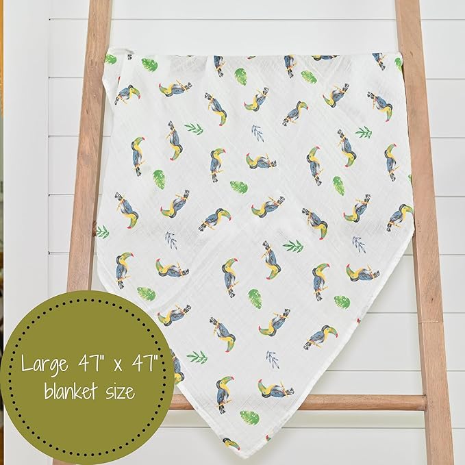 LollyBanks Swaddle Blanket, 100% Cotton Muslin Swaddle Blankets for Boys and Girls, Large 47 x 47 Inches Baby Blanket, Soft and Breathable Receiving Blankets, Registry (Vibrant Tropical Toucan)