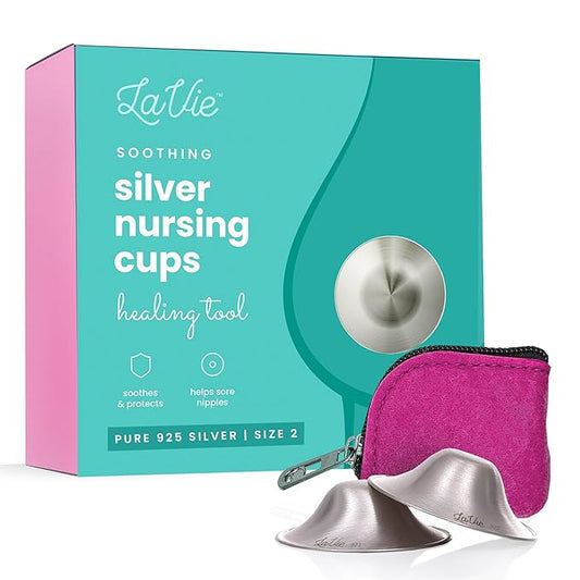 LaVie™ Silver Nursing Cups for Breastfeeding, Soothing Protection for Nursing Nipples of Newborns, Natural Relief for Nursing Moms, 925 Silver Nipple Covers All Natural (Size 2)