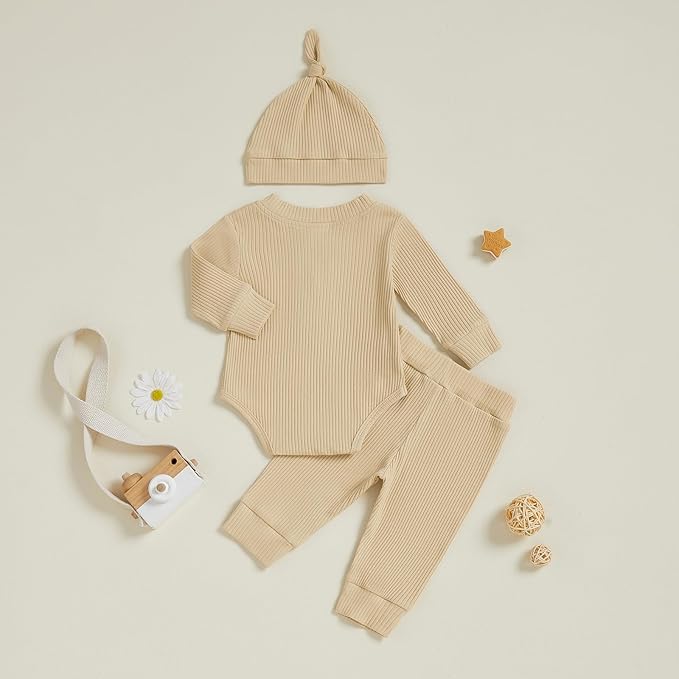 Newborn Baby Boy Clothes Long Sleeve Ribbed Bodysuit Pants Hat 3-Piece Outfit Set