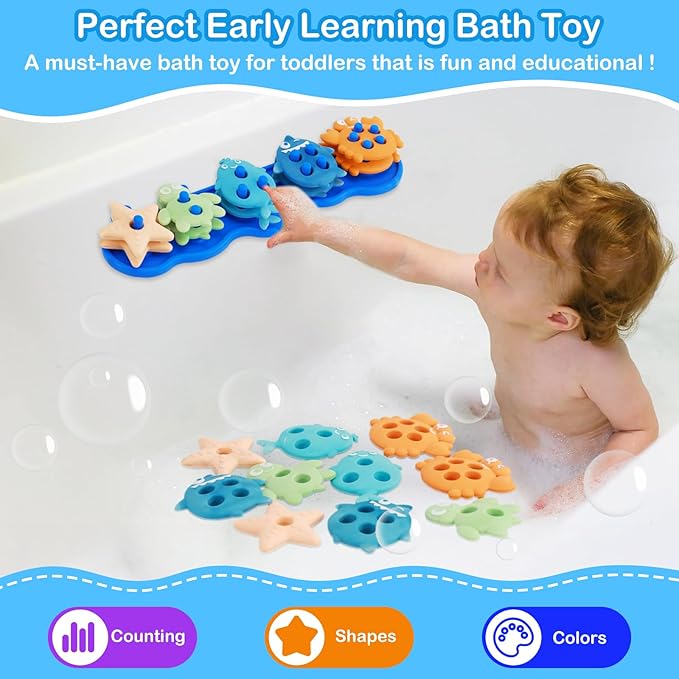 Baby Bath Toys, Mold Free Silicone Shape Sorting & Stacking Bath Toys for Kids Ages 1-3 with 10 Cute Floating Pieces, Color & Shape Sorter Toys Set for Toddler Early Learning Bathtub Fun Essentials