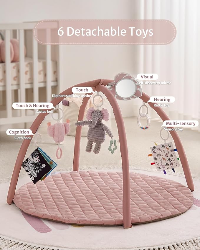 Blissful Diary Baby Play Gym Mat, Tummy Time Activity Mat with 6 Detachable Toys for Skill Development, Baby Essentials Gift, Soft Pink
