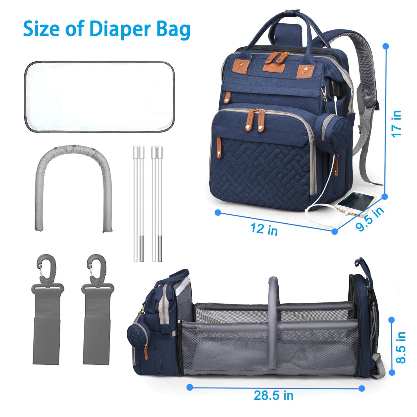 Jeryswet Baby Diaper Bags with Changing Station, Waterproof Large Capacity Diaper Bag Backpack for Moms Dads with USB Charging Port and Stroller Straps, Baby Shower Gifts, Pink-Grey