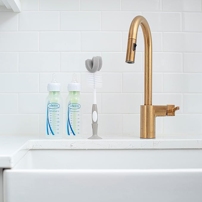 Dr. Brown's Reusable Sponge Baby Bottle Cleaning Brush Set with Suction Cup Stand, Scrubber and Nipple Cleaner, Gray, 3 Pack