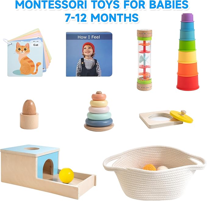 Montessori Toys for Babies 6-12 Months, 9 in 1 Educational Wooden Toys Set, Includes Object Permanent Box, Stacking Cups, Mirror Puzzle, Ring Stacker and More