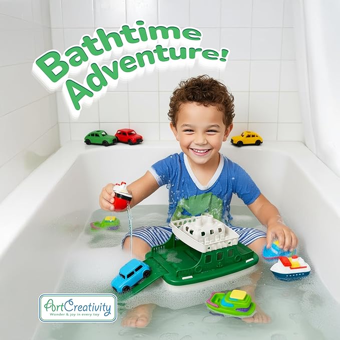 ArtCreativity Ferry Boat Bath Toy for Toddlers - 9 Pcs - Baby Bathtub Floating Water Toy with 4 Mini Cars, 4 Squirter Animals, Lights & Sounds for Imaginative Play - Kids Birthday Gift Party Favor
