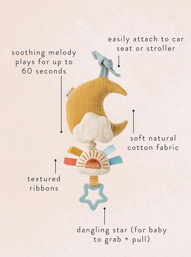 Itzy Ritzy – Musical Pull-Down Toy - Bitzy Notes Baby Musical Toy Attaches to Car Seat, Play Gym, or Stroller & Plays a Soothing Melody, for Ages 0 Months and Up (Moon)