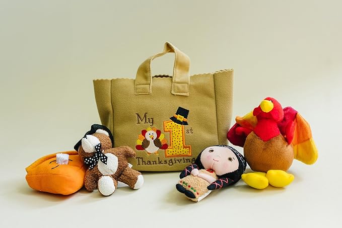 Genius Baby Toys The Original My Baby's First Thanksgiving Playset with Turkey, Teddy Bear, Pumpkin Pie, Native American Girl