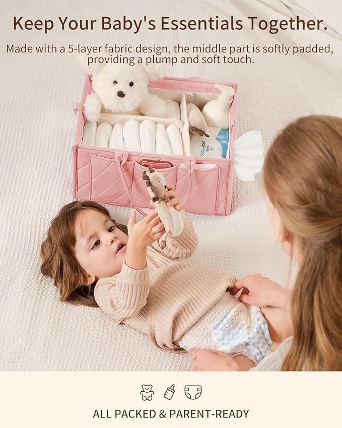 Diaper Caddy Organizer for Baby Essentials – Soft Blush Pink Storage Basket with Compartments, Shoulder Strap & Stroller Hooks – All-in-One Multifunctional Diaper Storage Tote for Nursery & Car