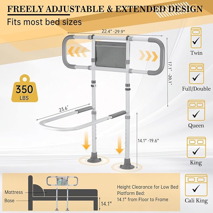 Bed Rails for Elderly Adults Safety, Sturdy Beds Assist Rail for Seniors; Adjustable Beds Rail Stable Bed Cane Guard with Extended Handle Bar - Fit King Queen Full Twin Bed