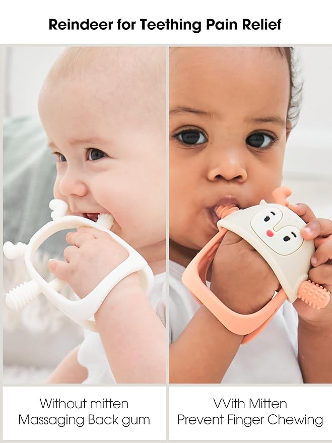 Smily Mia 2 Packs Baby Teething Toy for 0-6 6-12 Months, Food Grade Silicone Teething Mitten, Anti Dropping Wrist Hand Teethers Baby Chew Toys for Sucking&Chewing, BPA Free, Light Blue
