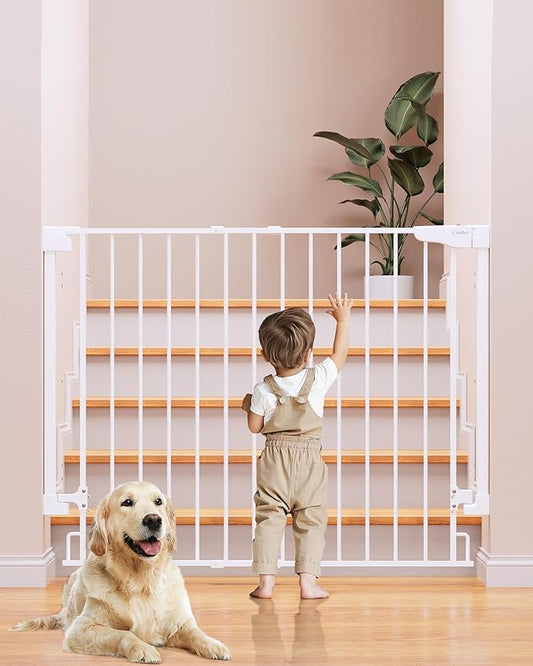 Cumbor 34" Extra Tall No Bottom Bar Baby Gate for Stairs, Wall Mounted Dog Gate Indoor for Larger Pets, Expandable 29.2-43" Safety Gate for Doorways, Wide Walk Thru Door for Easy Access (White)